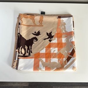 Silk brown scarf with design of carriages and horses